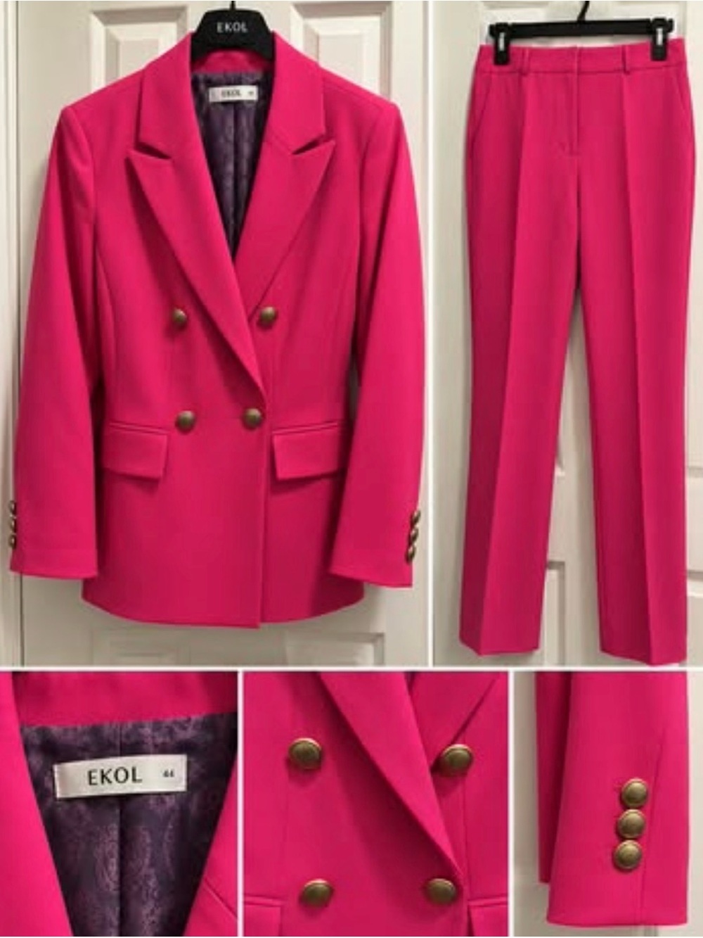 Women's Double-Breasted Hot Pink Blazer & Pant Set